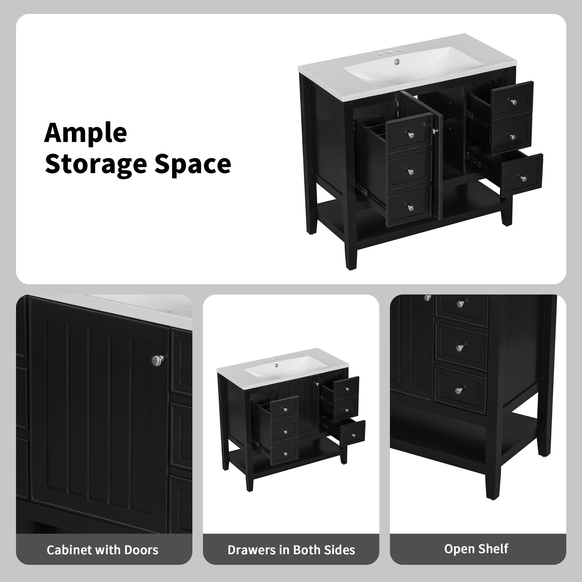 36\" Bathroom Vanity with Sink Combo, One Cabinet and Three Drawers, Solid Wood and MDF Board