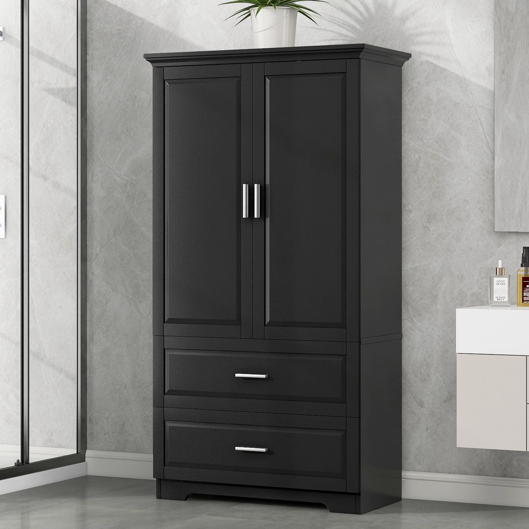 Tall Bathroom Storage Cabinet, Cabinet with Two Doors and Drawers, Adjustable Shelf, MDF Board