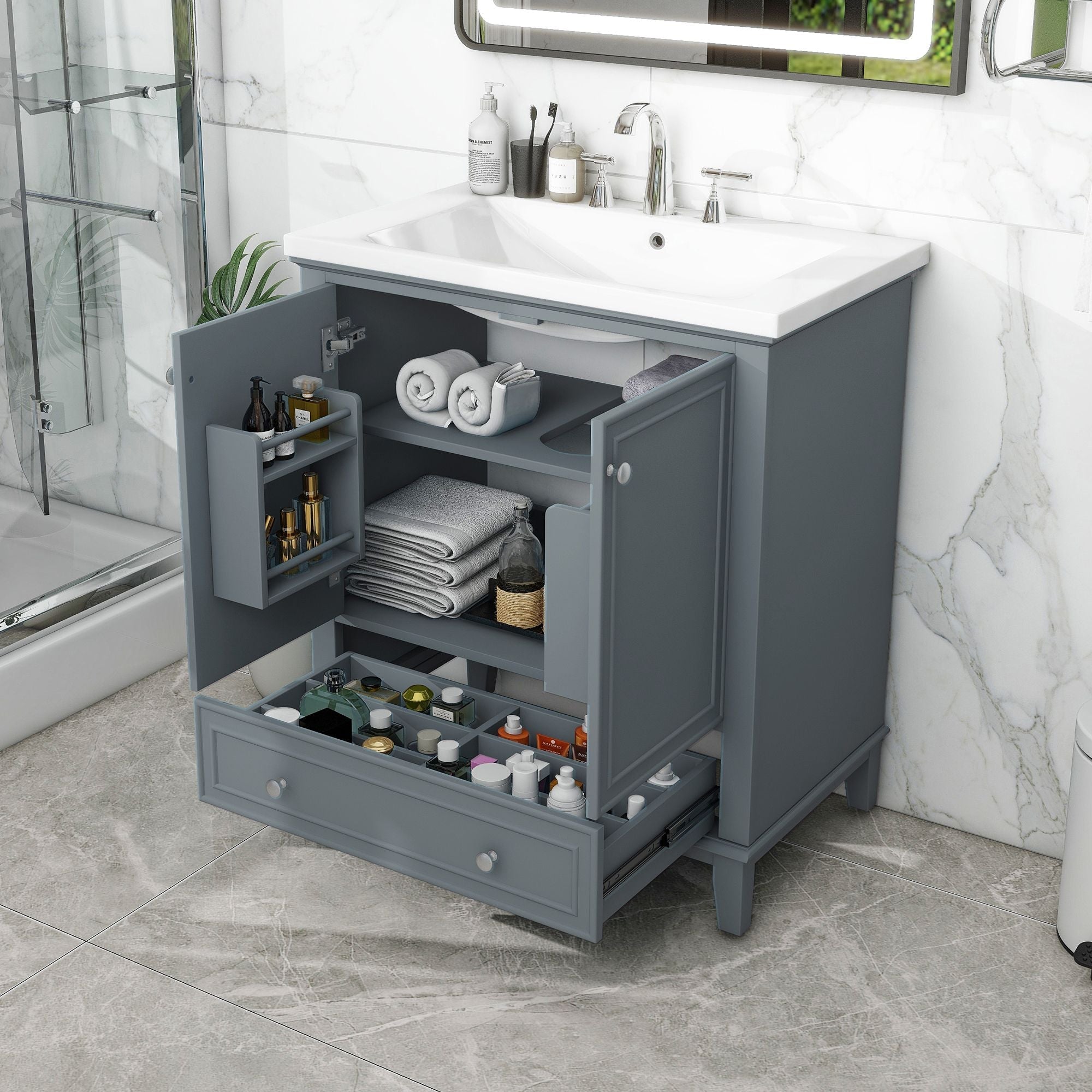 30\" Bathroom Vanity with Sink Combo, Multi-functional Bathroom Cabinet with Doors and Drawer, Solid Frame and MDF Board