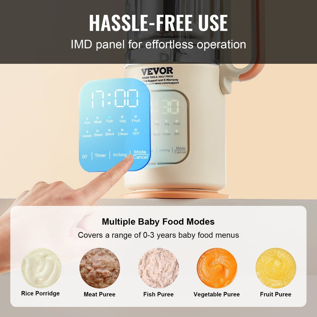 VEVOR Baby Food Maker, 500W Baby Food Processor with 300 ml Glass Bowl, SUS304 Stainless Steel 4-Blade Baby Food Puree Blender Steamer Grinder for Food, Fruit, Vegetable, Meat