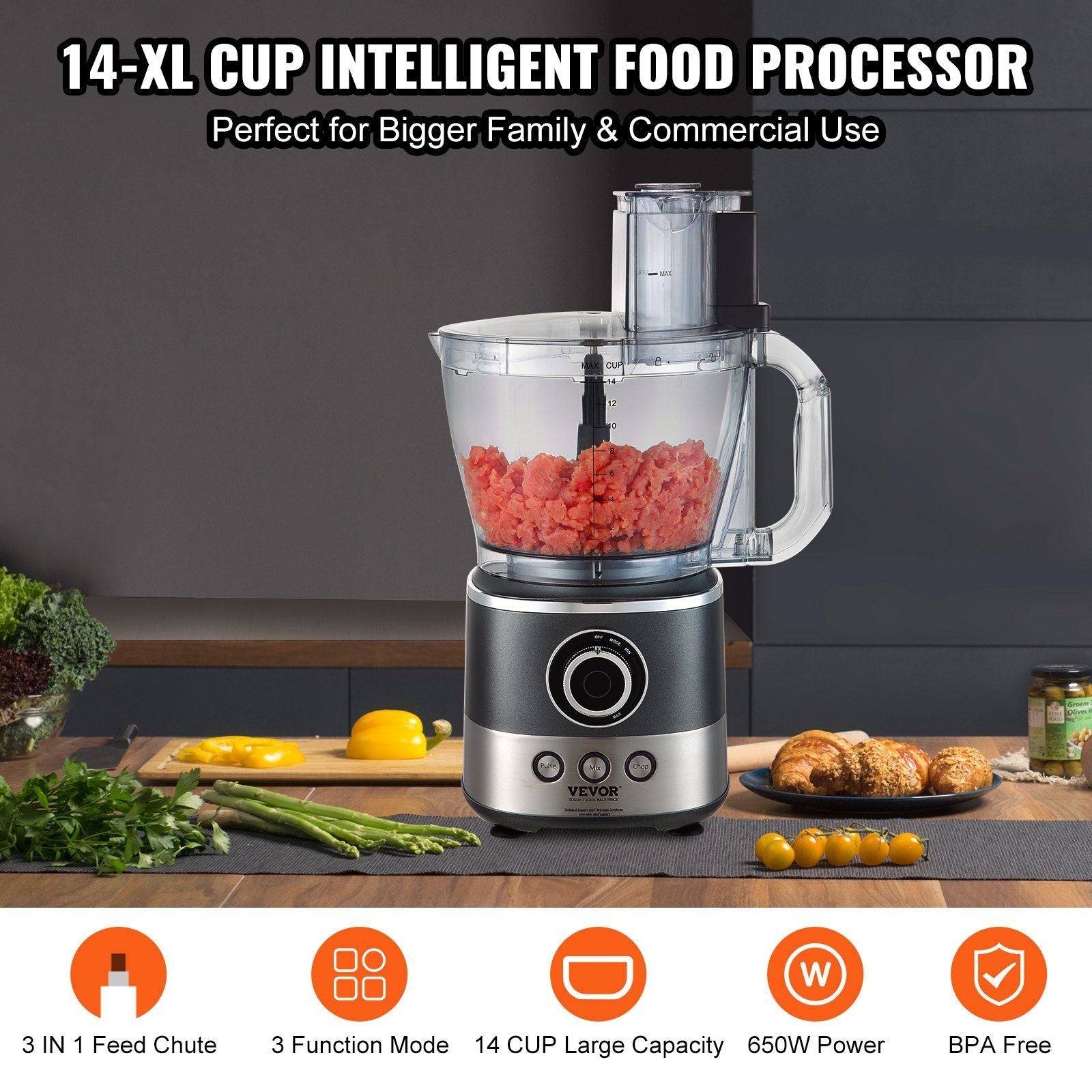 VEVOR Food Processor, 14-Cup Vegetable Chopper for Chopping, Mixing, Slicing, Puree, and Kneading Dough, 650 Watt Stainless Steel Blade Professional Electric Food Chopper, Easy Assembly & Clean, Gray EasyOptionXY LLC