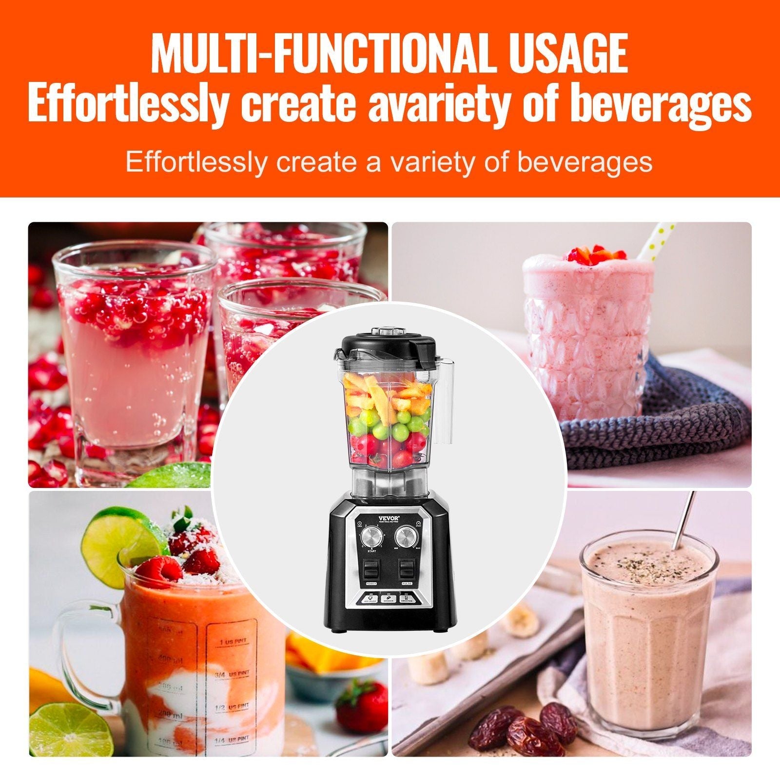 VEVOR Professional Blender, Commercial Countertop Blenders, 68 oz Jar Blender Combo, Stainless Steel 3 Functions Blender, for Frozen Drinks, Shakes, Smoothies, Peree, and Crush Ice, Black EasyOptionXY LLC