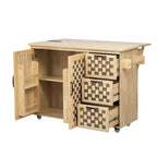 53.2"W 3D Woven Checkerboard Pattern Design Kitchen Island with Drop Leaf, Rolling Kitchen Island on Wheels with Internal Storage Rack, Power Outlet, Kitchen Cart with 3 Drawers 2 Cabinets, Nature