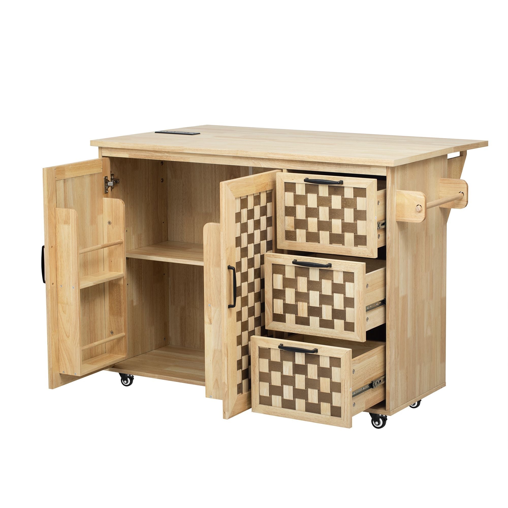 53.2"W 3D Woven Checkerboard Pattern Design Kitchen Island with Drop Leaf, Rolling Kitchen Island on Wheels with Internal Storage Rack, Power Outlet, Kitchen Cart with 3 Drawers 2 Cabinets, Nature