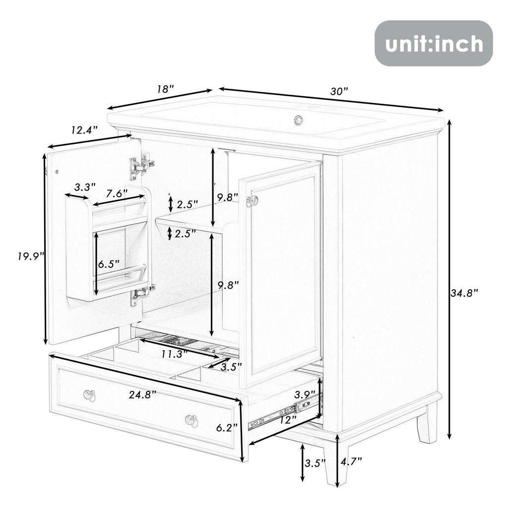 30\" Bathroom Vanity with Sink Combo, Multi-functional Bathroom Cabinet with Doors and Drawer, Solid Frame and MDF Board