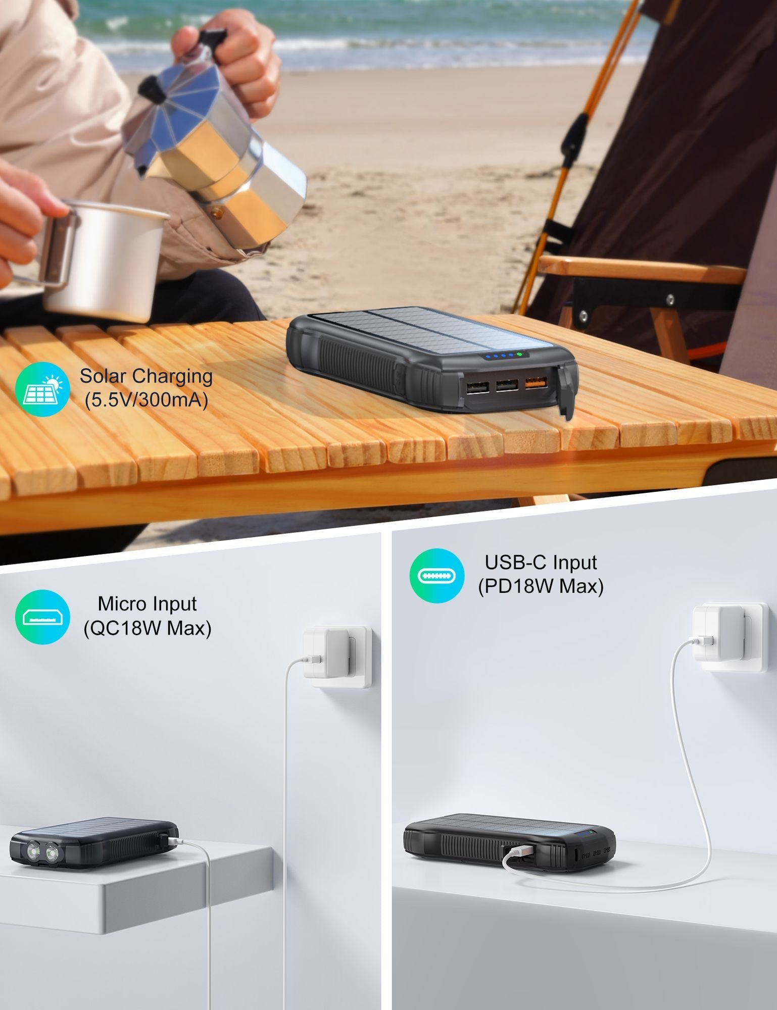 Portable Charger, Solar Power Bank 33500mAh Fast Charging, Solar Battery Pack with Waterproof 6W Bright Flashlight for iPhone S amsung Tablet EasyOptionXY LLC