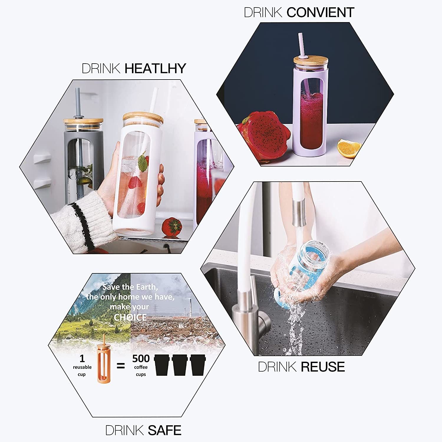 Glass Water Tumble Straw Silicone Bamboo Lids Iced Coffee Cup Bottle Reusable EasyOptionXY LLC