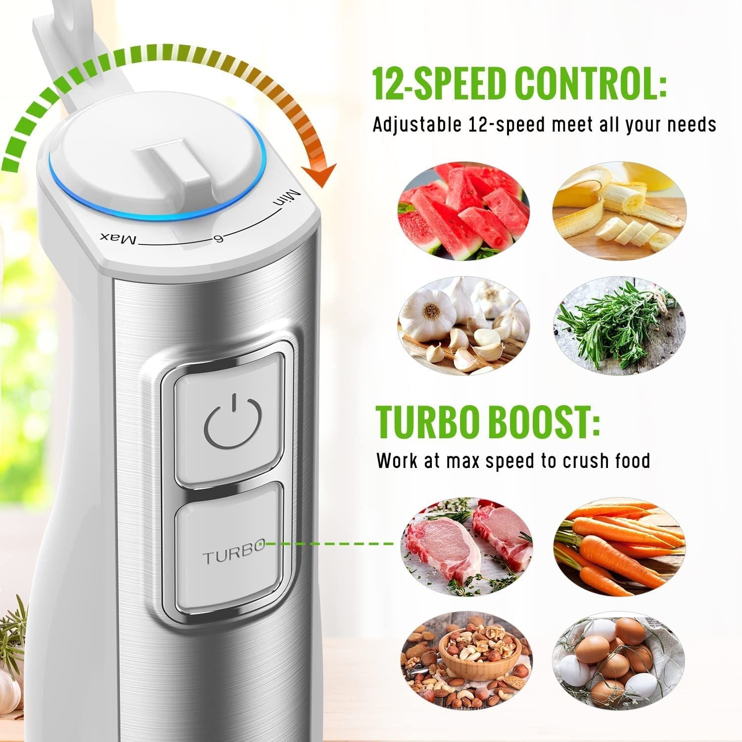 Hand Blender, 5 in 1 Multi-Purpose Immersion Blender set, 1100 watts 12 Adjustable Speed Stick Blender, 600ml Beaker, 500ml Food Processor Container, Egg Whisk, Milk Frother, White EasyOptionXY LLC