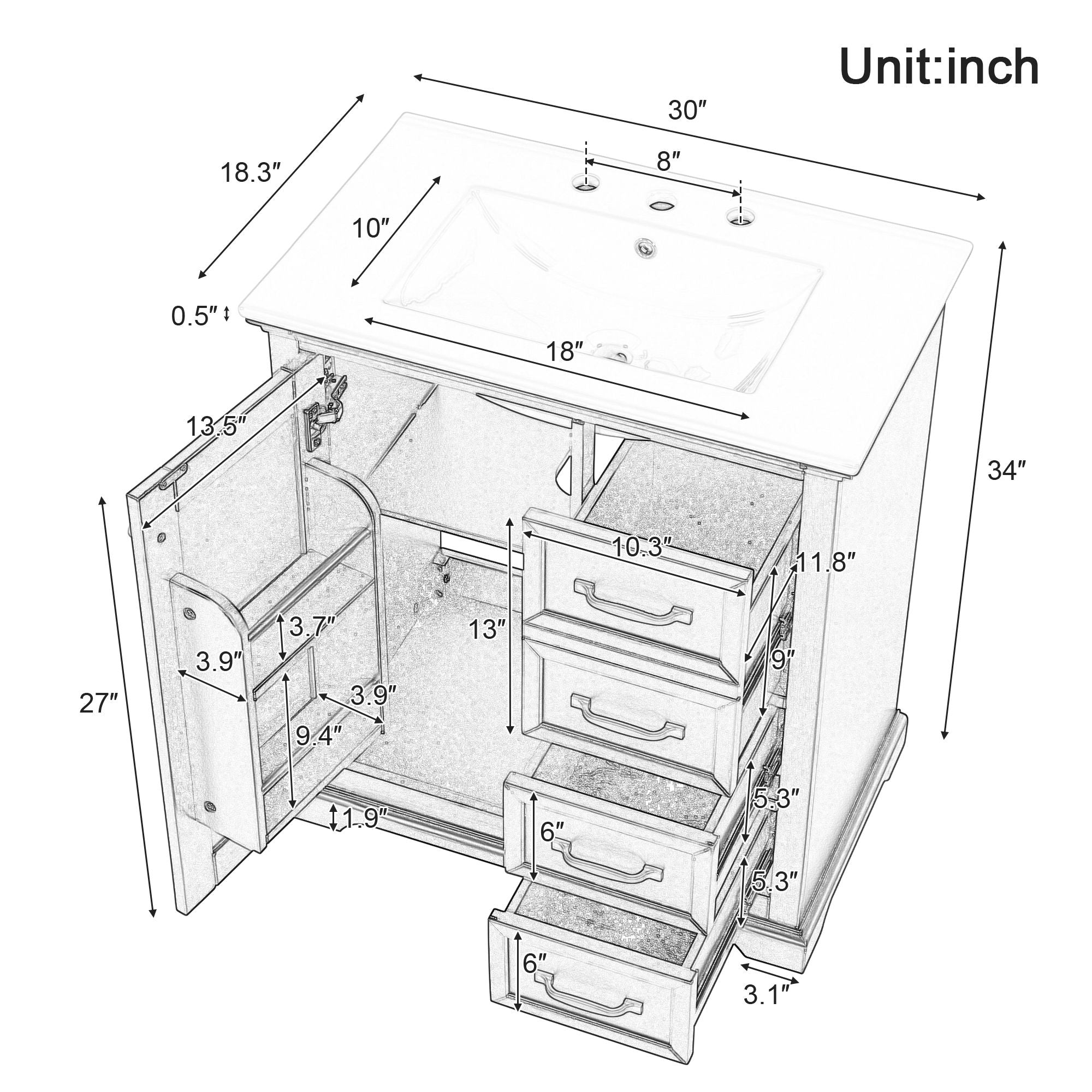 30" Bathroom Vanity with Sink, One Package, Bathroom Cabinet with Drawers, Solid Frame and MDF Board