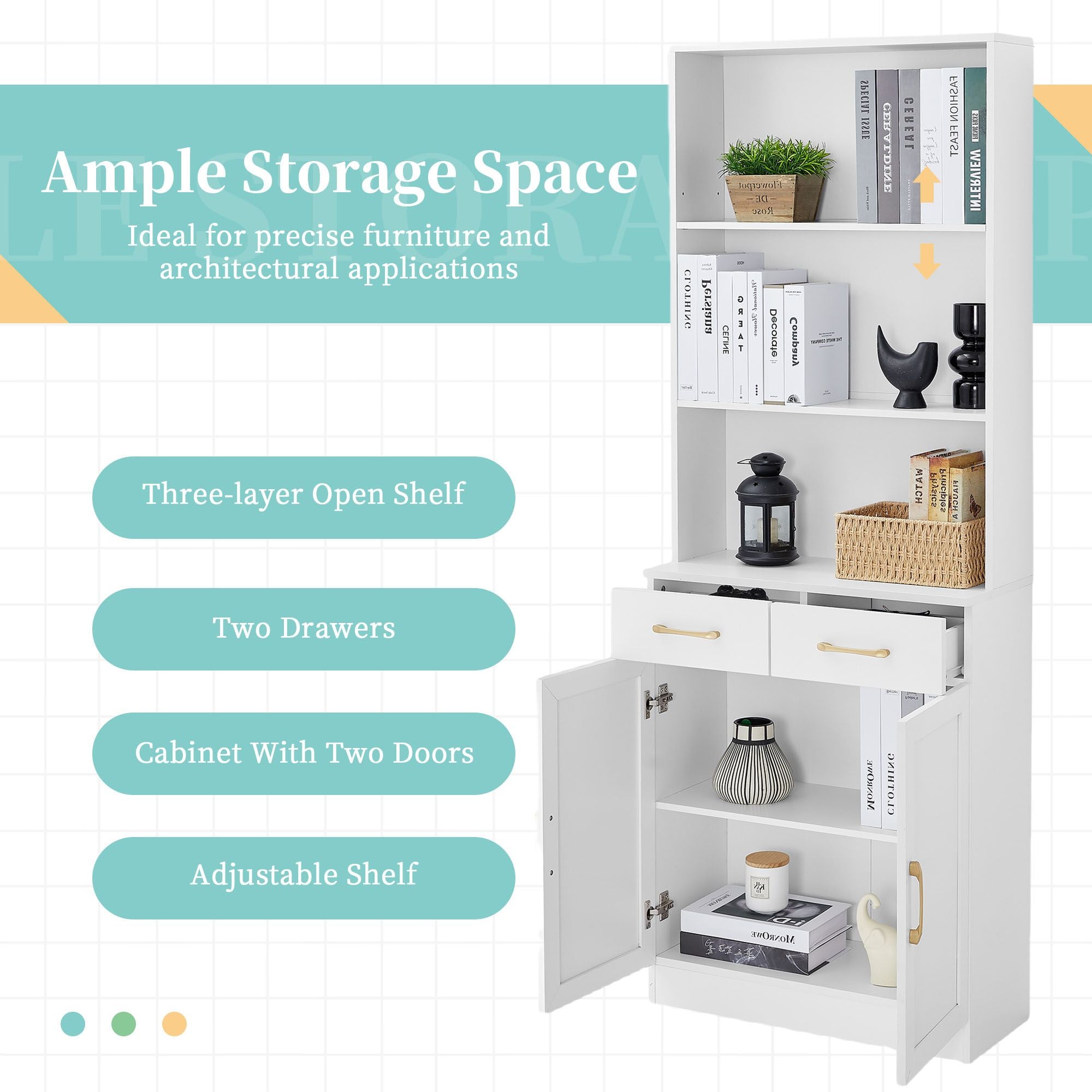 Bathroom Storage Cabinet, Cabinet with Two Doors and Drawers, Adjustable Shelf, Three-layer Open Shelf, MDF Board EasyOptionXY LLC