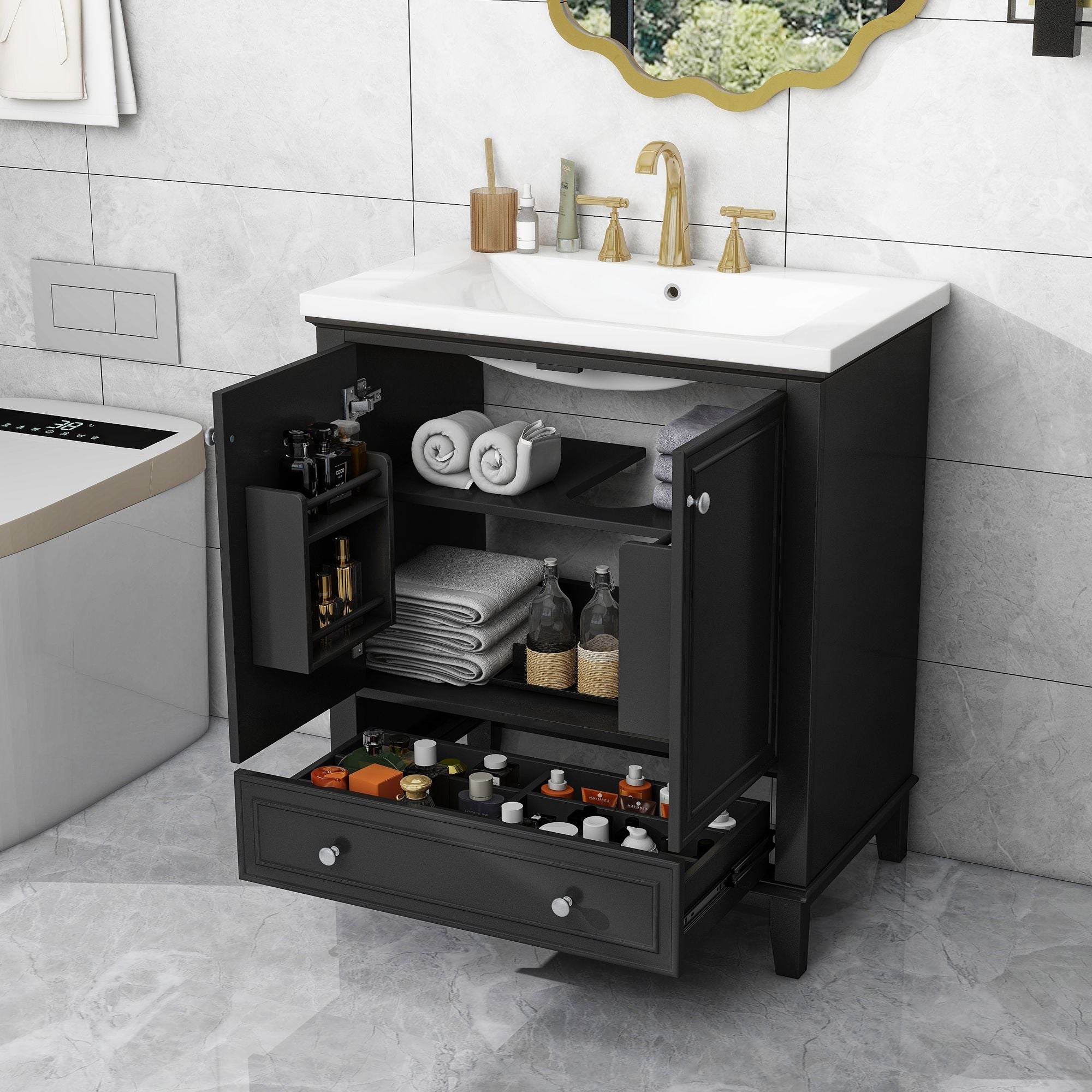 30\" Bathroom Vanity with Sink Combo, Multi-functional Bathroom Cabinet with Doors and Drawer, Solid Frame and MDF Board