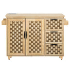 53.2"W 3D Woven Checkerboard Pattern Design Kitchen Island with Drop Leaf, Rolling Kitchen Island on Wheels with Internal Storage Rack, Power Outlet, Kitchen Cart with 3 Drawers 2 Cabinets, Nature