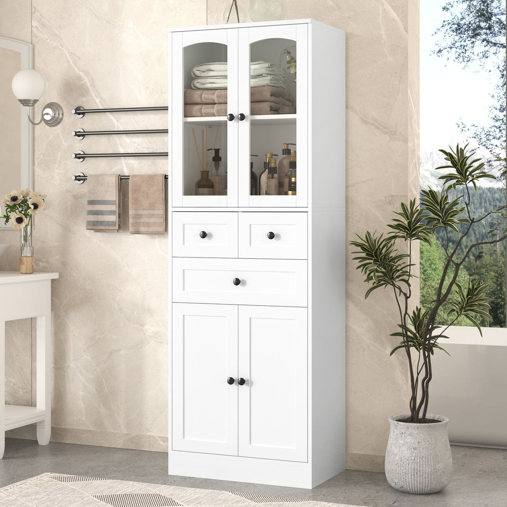 Tall Bathroom Storage Cabinet, Cabinet with Four Doors and Drawers, Adjustable Shelf, MDF Board
