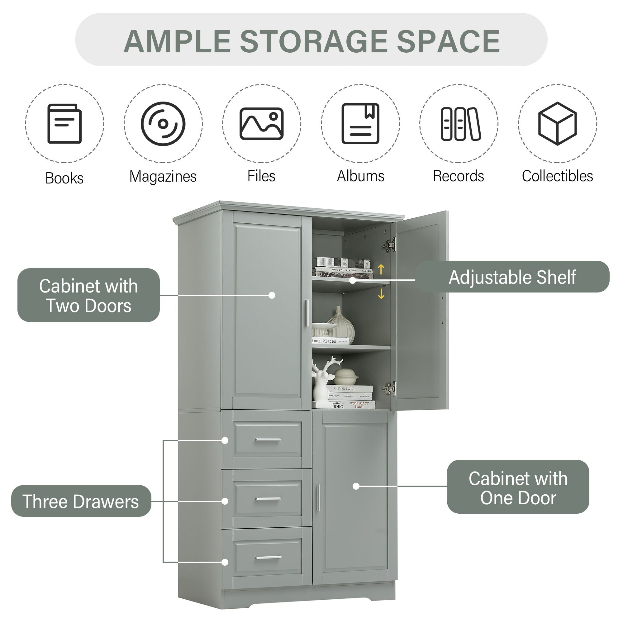 Tall and Wide Storage Cabinet with Doors for Bathroom/Office, Three Drawers