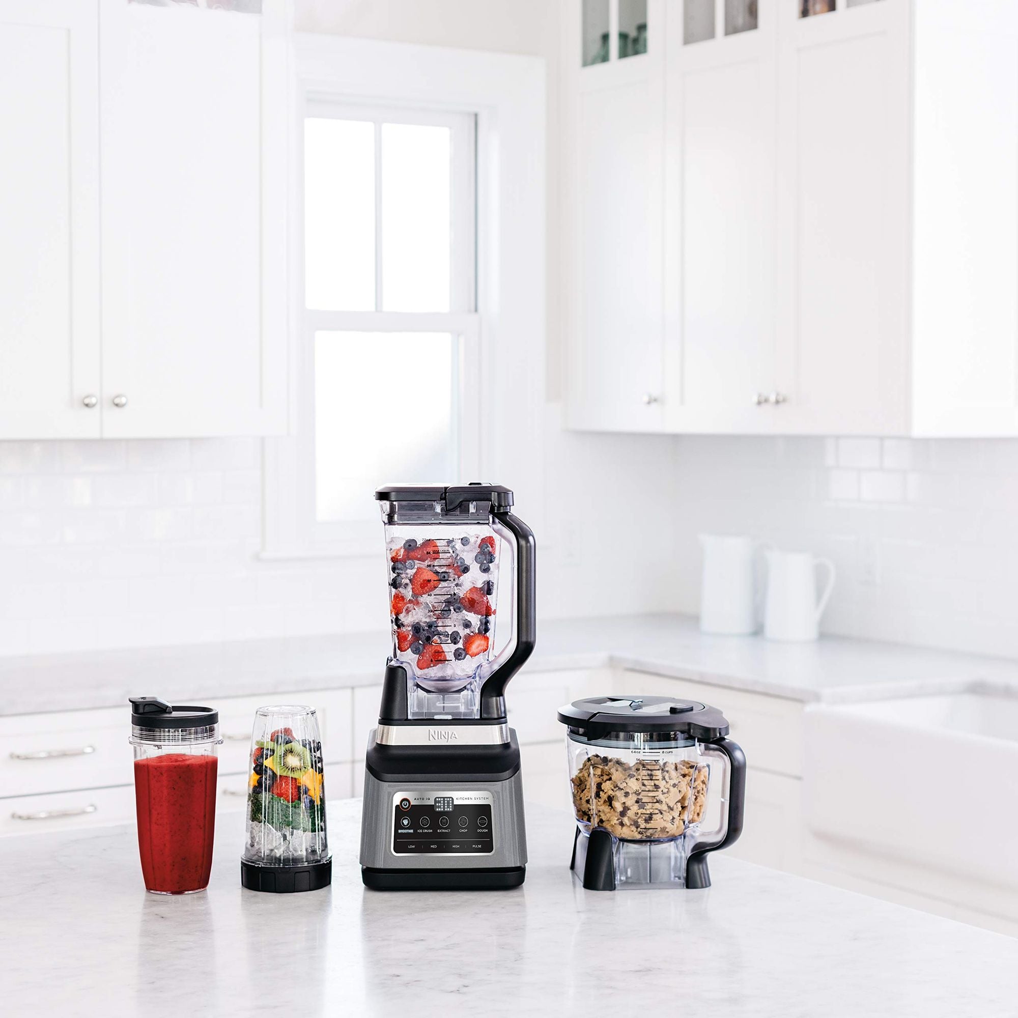 N inja BN801 Professional Plus Kitchen System, 1400 WP, 5 Functions for Smoothies, Chopping, Dough & More with Auto IQ, 72-oz.* Blender Pitcher, 64-oz. Processor Bowl, (2) 24-oz. To-Go Cups, Grey EasyOptionXY LLC