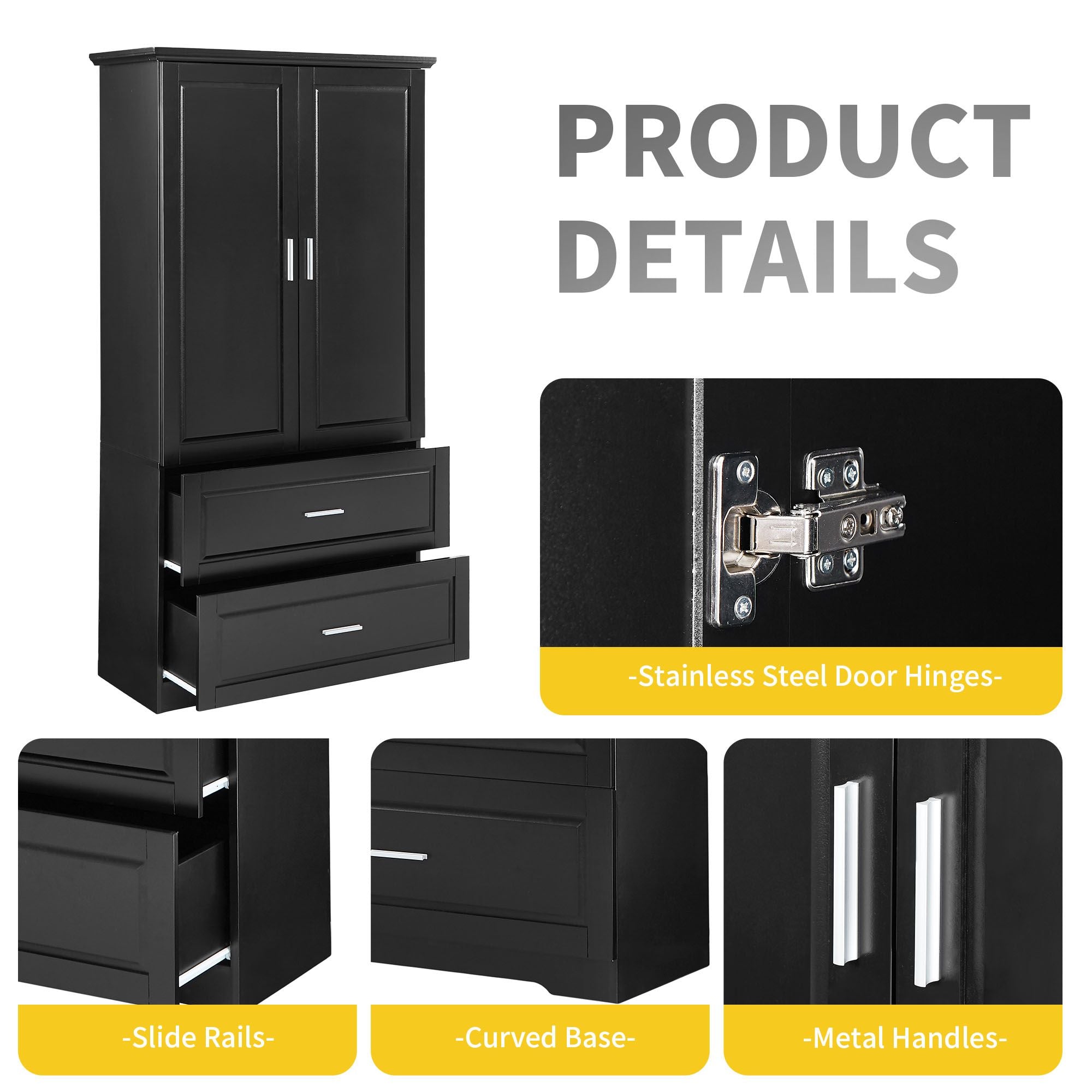 Tall Bathroom Storage Cabinet, Cabinet with Two Doors and Drawers, Adjustable Shelf, MDF Board