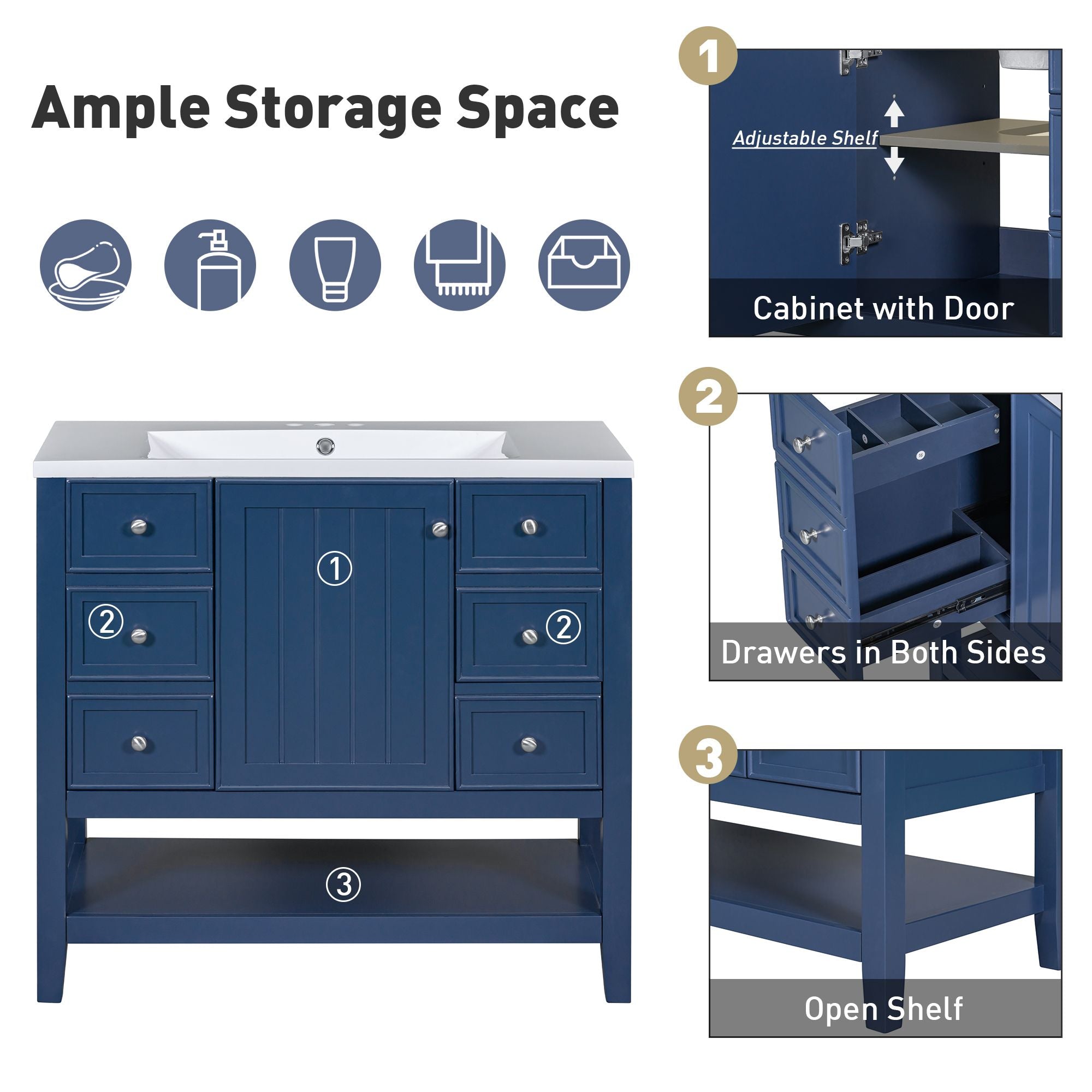 36\" Bathroom Vanity with Sink Combo, One Cabinet and Three Drawers, Solid Wood and MDF Board