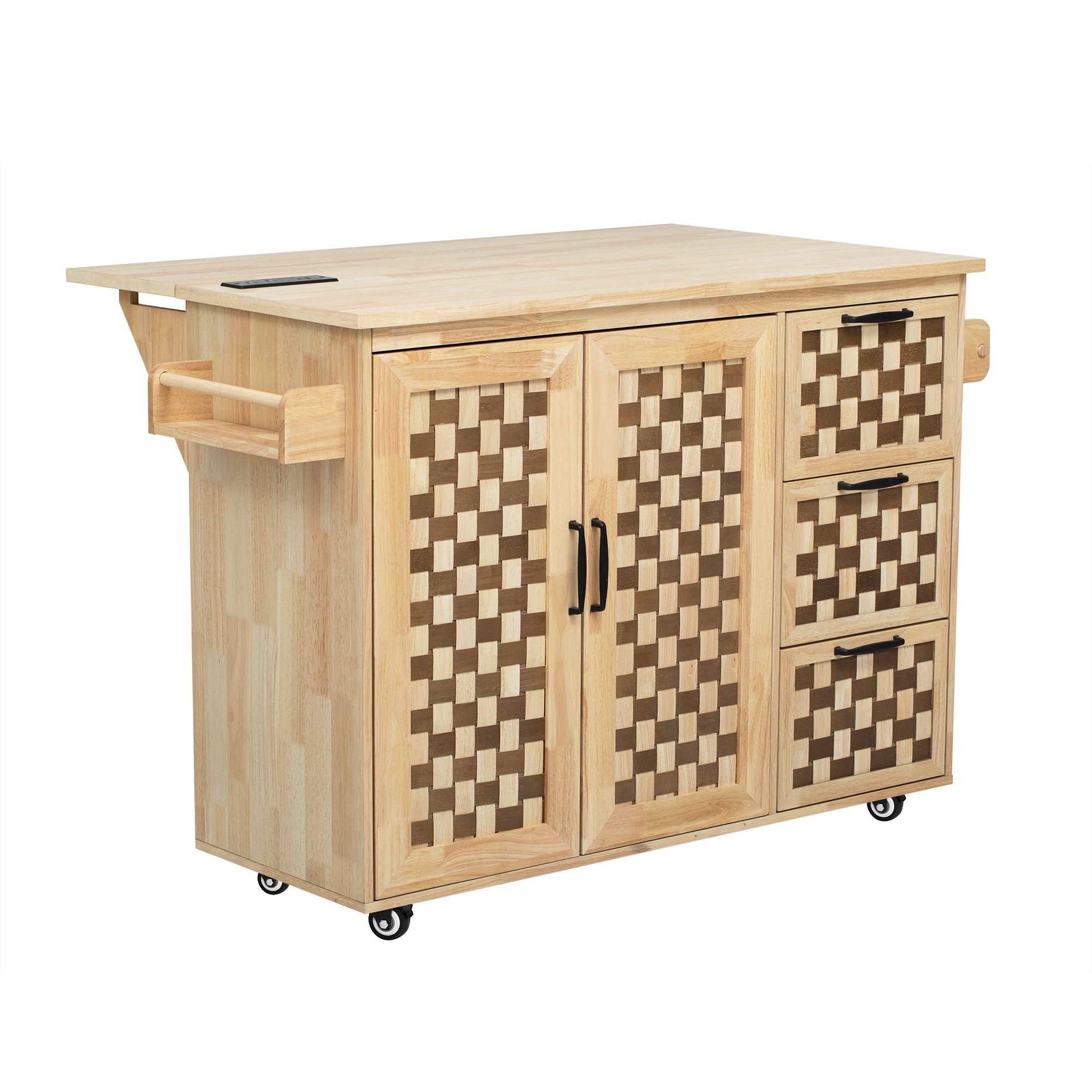 53.2"W 3D Woven Checkerboard Pattern Design Kitchen Island with Drop Leaf, Rolling Kitchen Island on Wheels with Internal Storage Rack, Power Outlet, Kitchen Cart with 3 Drawers 2 Cabinets, Nature