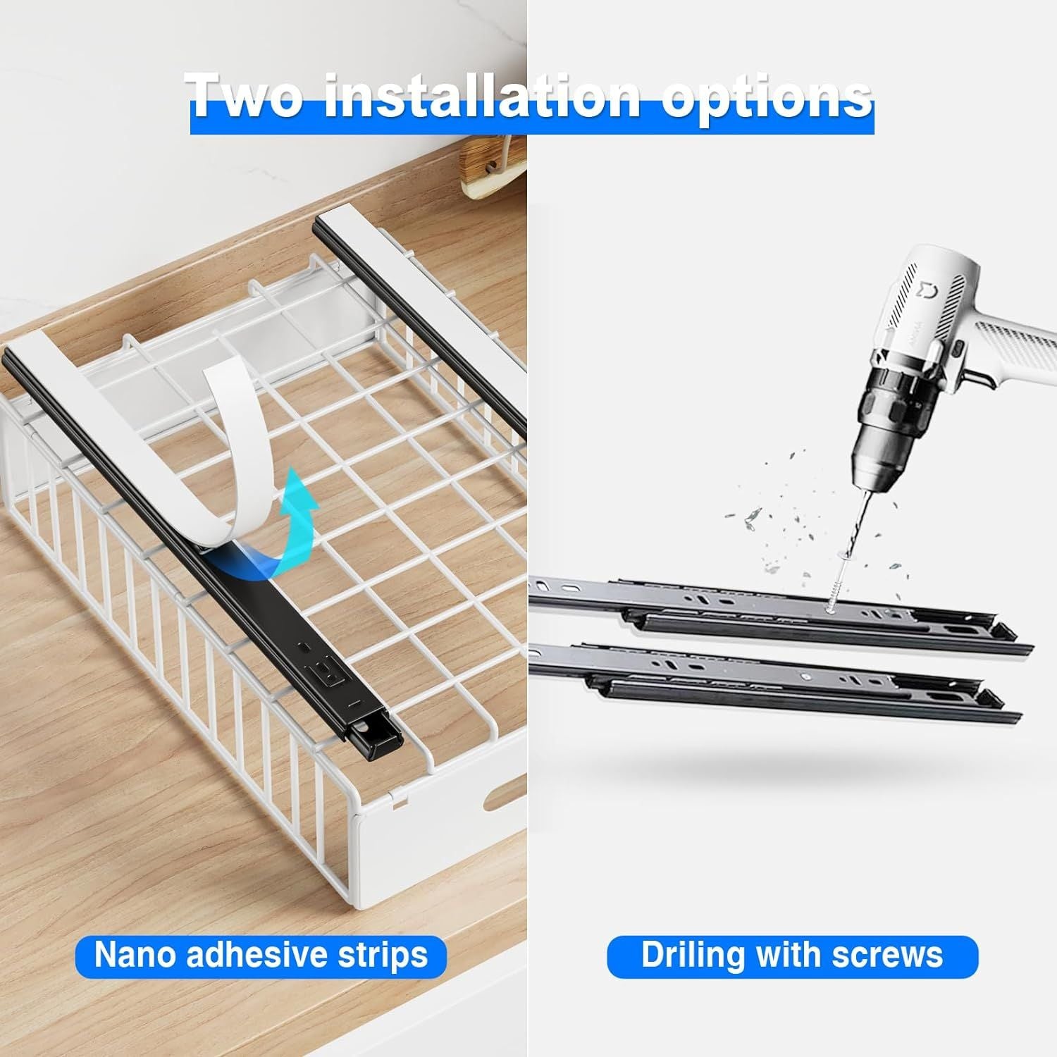 2 Pack Pull Out Cabinet Organizer, Slide Out Cabinet Drawers Peel and Stick Pull Out Drawers Heavy Duty Pull Out Shelf for Kitchen, Cupboard, Pantry, Bathroom