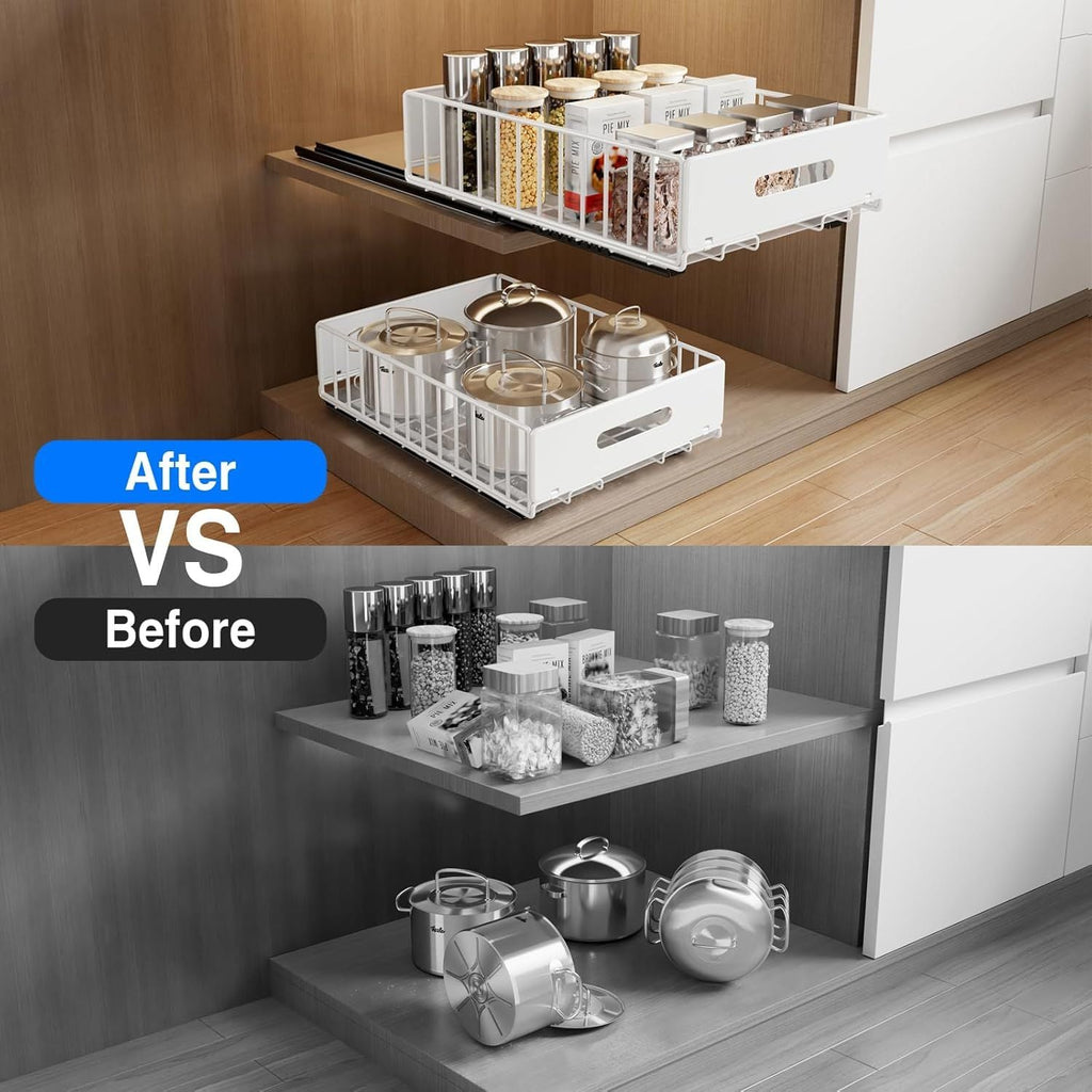 2 Pack Pull Out Cabinet Organizer, Slide Out Cabinet Drawers Peel and Stick Pull Out Drawers Heavy Duty Pull Out Shelf for Kitchen, Cupboard, Pantry, Bathroom