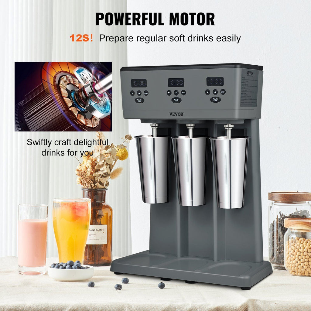 VEVOR Milkshake Maker, 375W x 3 Electric Milkshake Machine, Commercial Triple Heads Drink Mixer Blender, LED Intelligent Microswitch, 3-Speed Milkshake Mixer with 3 x 820 ml Stainless Steel Cups EasyOptionXY LLC