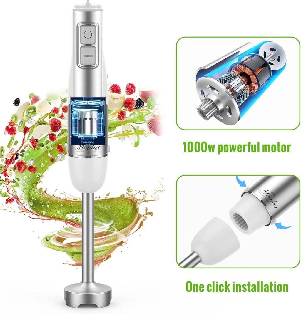 Hand Blender, 5 in 1 Multi-Purpose Immersion Blender set, 1100 watts 12 Adjustable Speed Stick Blender, 600ml Beaker, 500ml Food Processor Container, Egg Whisk, Milk Frother, White EasyOptionXY LLC