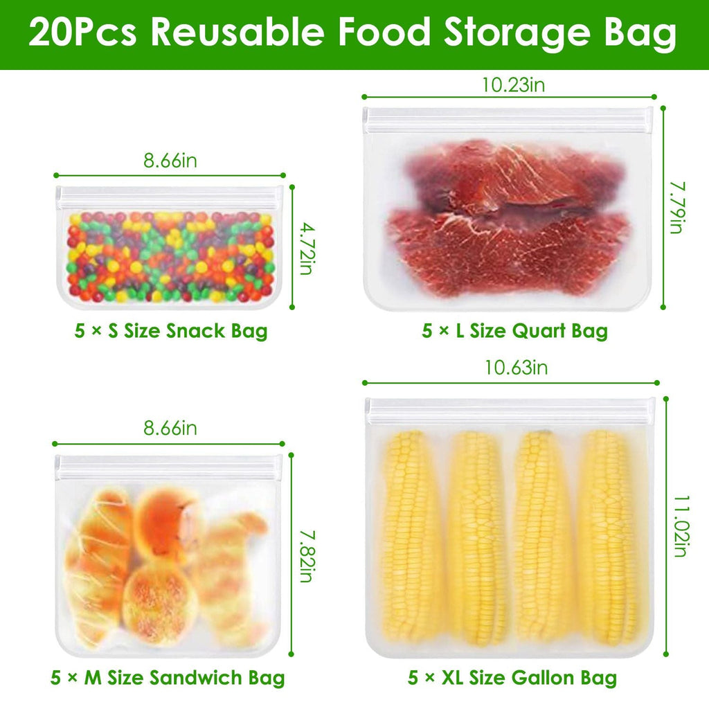 20Pcs Reusable Food Storage Bags 5 Sandwich Snack Gallon Quart Bag Leakproof B PA F ree Food Container Freezer Safe Lunch Bag