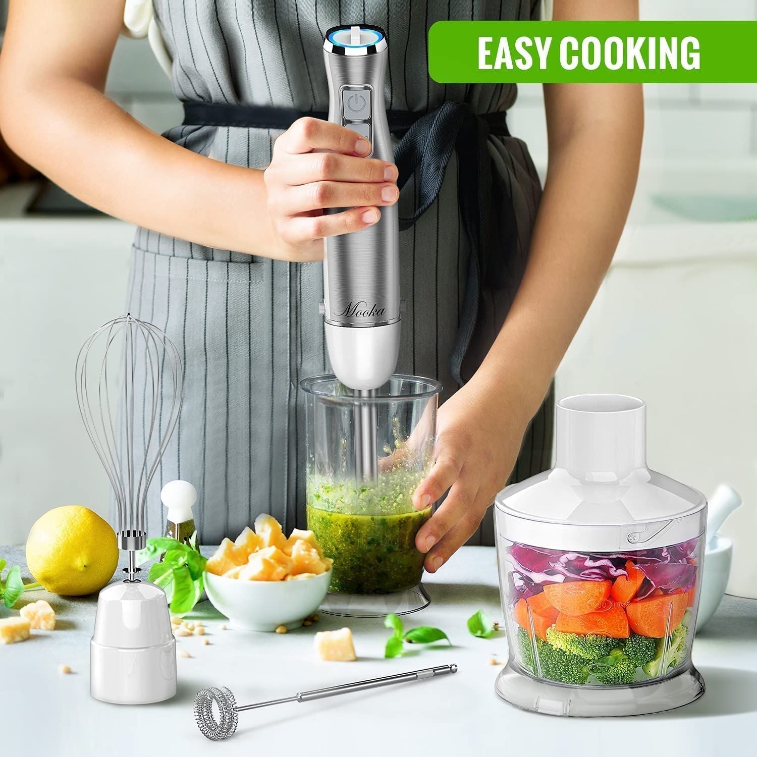 Hand Blender;  5 in 1 Multi-Purpose Immersion Blender set;  1100 watts 12 Adjustable Speed Stick Blender;  600ml Beaker;  500ml Food Processor Container;  Egg Whisk;  Milk Frother Attachments;  White EasyOptionXY LLC