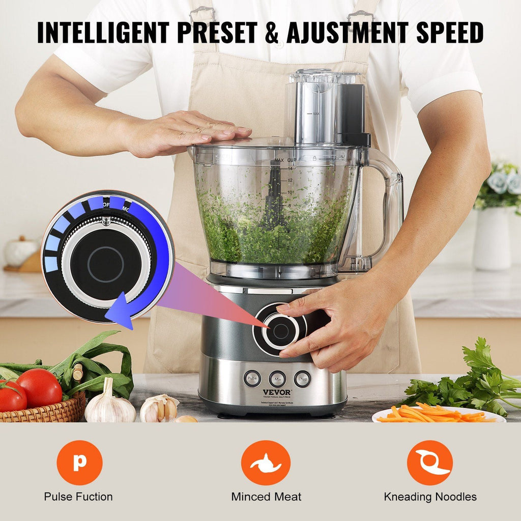 VEVOR Food Processor, 14-Cup Vegetable Chopper for Chopping, Mixing, Slicing, Puree, and Kneading Dough, 650 Watt Stainless Steel Blade Professional Electric Food Chopper, Easy Assembly & Clean, Gray EasyOptionXY LLC