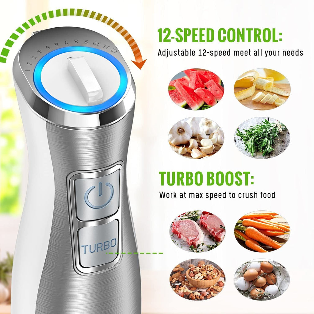 Hand Blender;  5 in 1 Multi-Purpose Immersion Blender set;  1100 watts 12 Adjustable Speed Stick Blender;  600ml Beaker;  500ml Food Processor Container;  Egg Whisk;  Milk Frother Attachments;  White EasyOptionXY LLC
