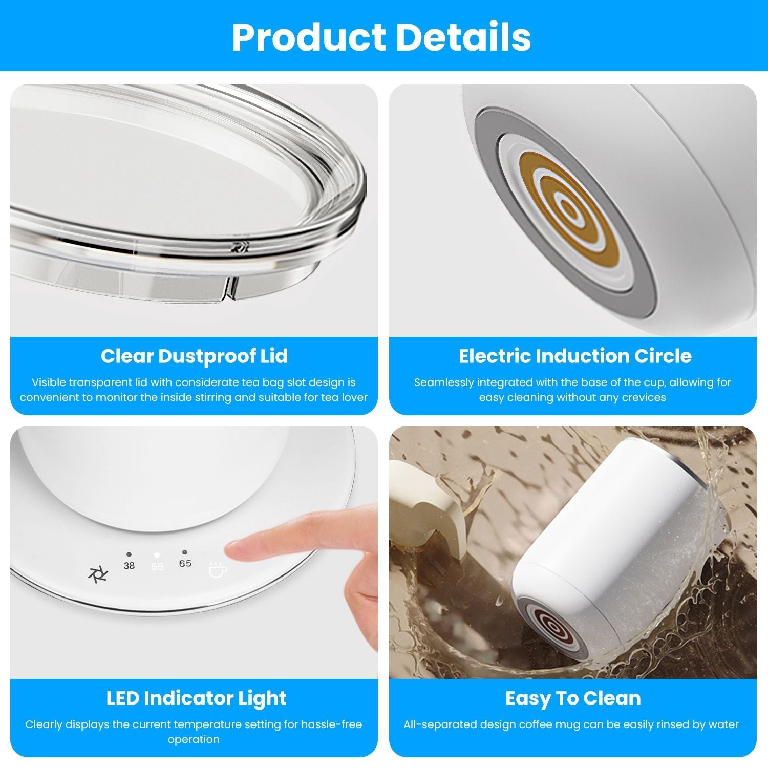 Self Stirring Coffee Mug with Lid Temperature Control Self-Heating Automatic Magnetic Mixing Mug with 3 Heat Settings Auto-Off Function For Coffee Tea Milk Cocoa Stainless Steel EasyOptionXY LLC