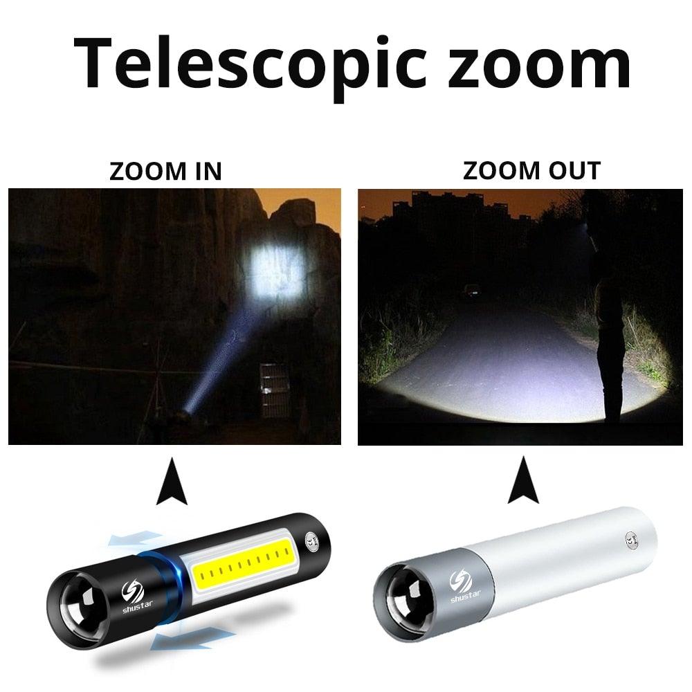 Dual Power LED Flashlight With Pure Beam Slide Focus Waterproof Rechargeable LED USB Telescopic Zoom Portable Flashlight For Night Lighting Night Riding Camping High-Powered Flash Lights Stevvex