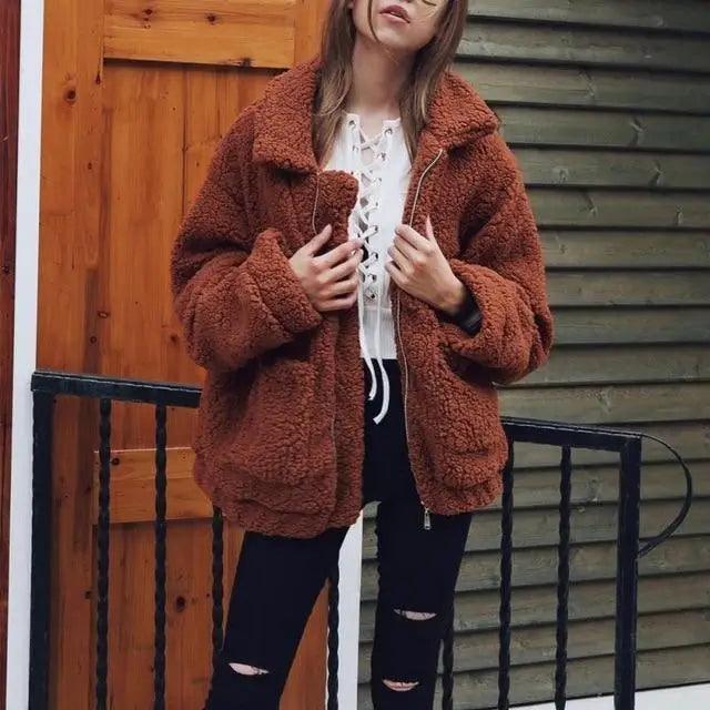 Durable Autumn Winter Faux Fur Coat For Women Casual Warm Soft Zipper Fur Jacket Plush Overcoat Pocket Plus Size Teddy Coat For Female Stevvex