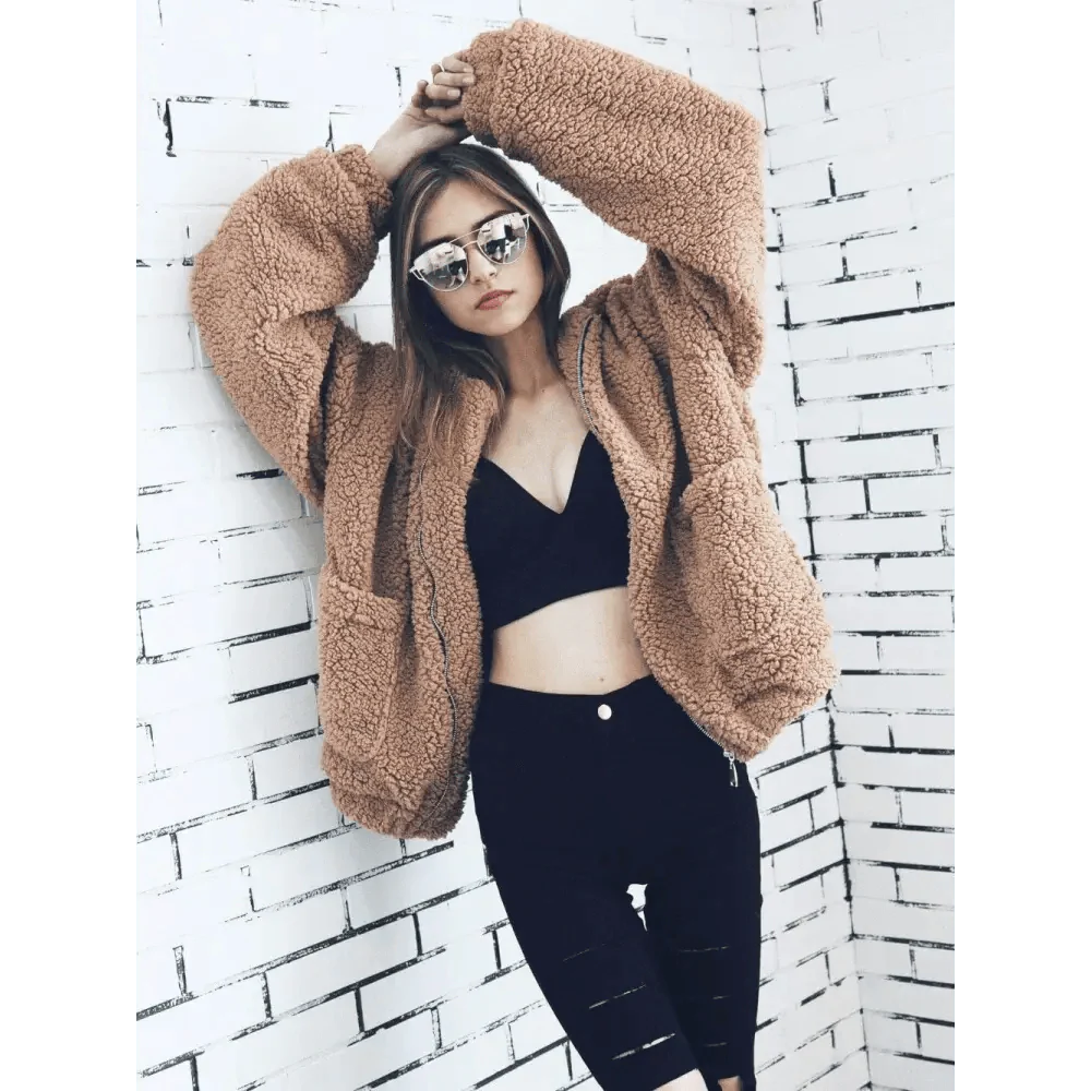 Durable Autumn Winter Faux Fur Coat For Women Casual Warm Soft Zipper Fur Jacket Plush Overcoat Pocket Plus Size Teddy Coat For Female Stevvex