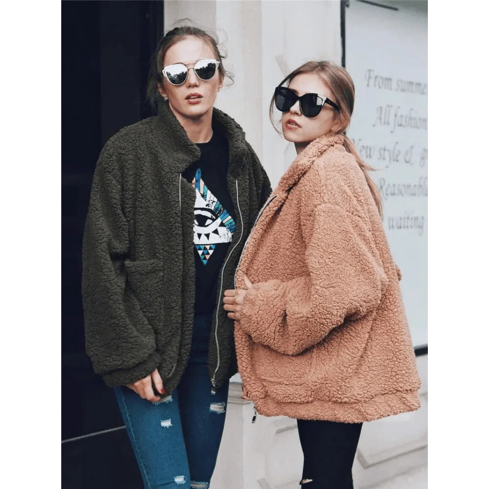 Durable Autumn Winter Faux Fur Coat For Women Casual Warm Soft Zipper Fur Jacket Plush Overcoat Pocket Plus Size Teddy Coat For Female Stevvex