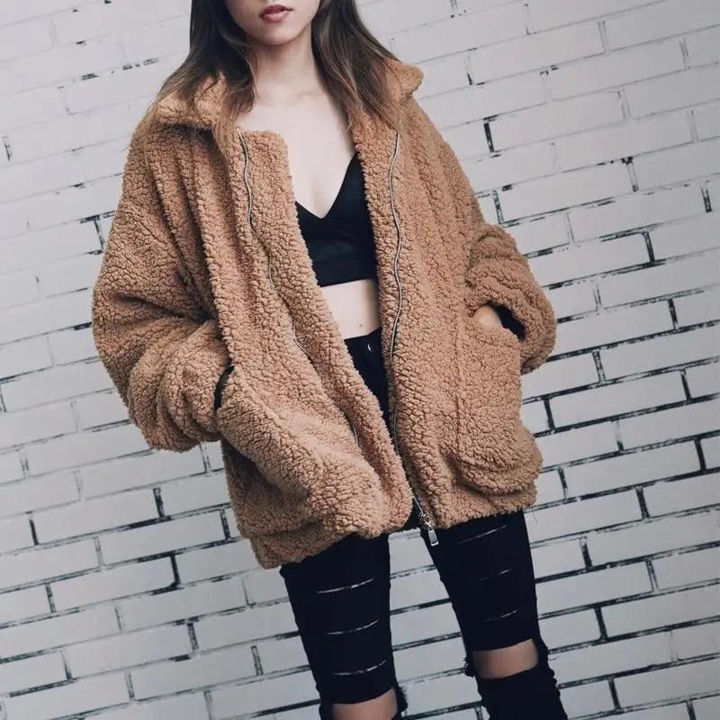Durable Autumn Winter Faux Fur Coat For Women Casual Warm Soft Zipper Fur Jacket Plush Overcoat Pocket Plus Size Teddy Coat For Female Stevvex