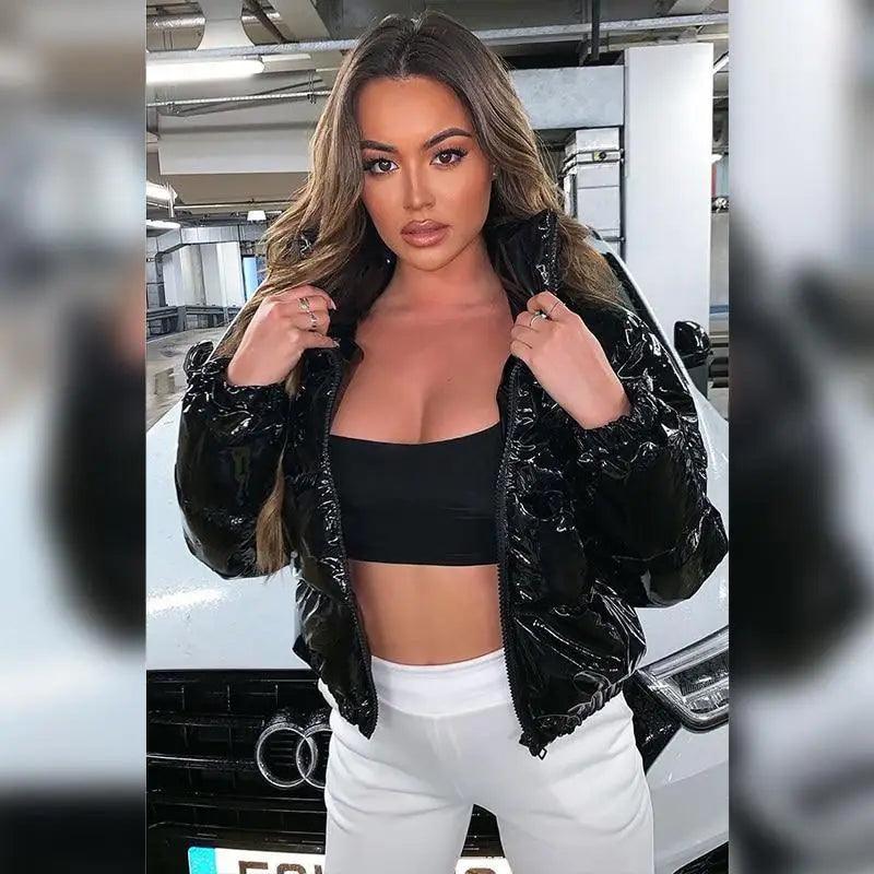 Durable Faux PU Leather Bubble Puffer Winter Warm Jacket Women Coats Long Sleeve Outerwear Zipper Casual Slim jacket Stevvex