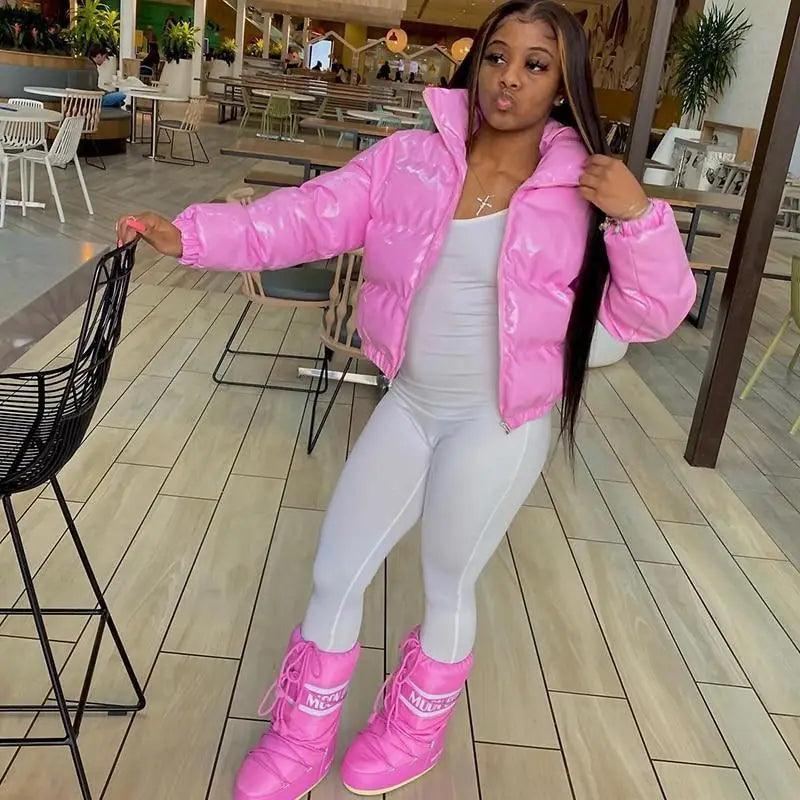 Durable Faux PU Leather Bubble Puffer Winter Warm Jacket Women Coats Long Sleeve Outerwear Zipper Casual Slim jacket Stevvex
