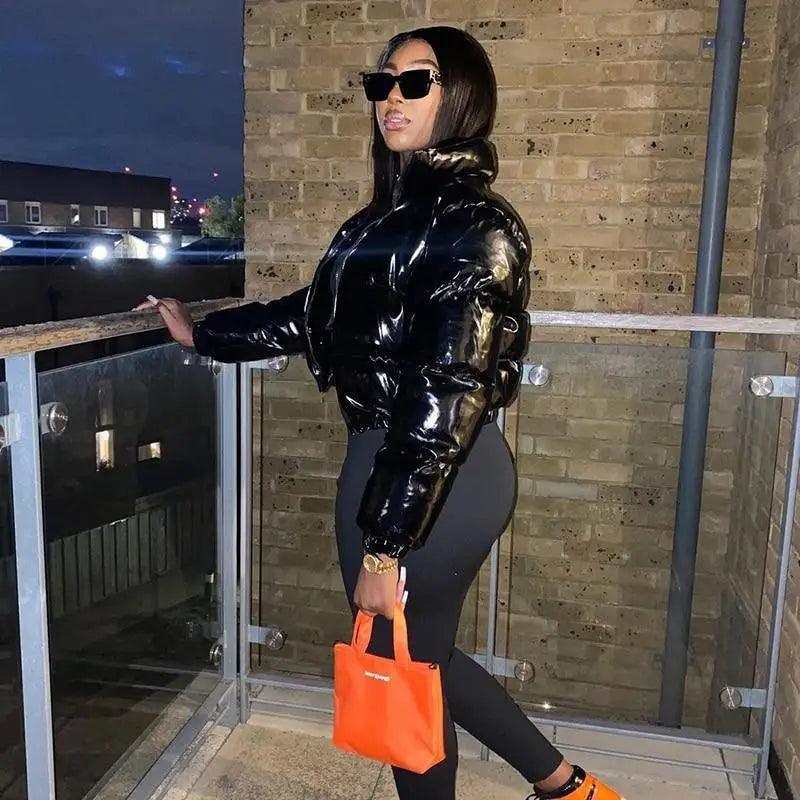 Durable Faux PU Leather Bubble Puffer Winter Warm Jacket Women Coats Long Sleeve Outerwear Zipper Casual Slim jacket Stevvex