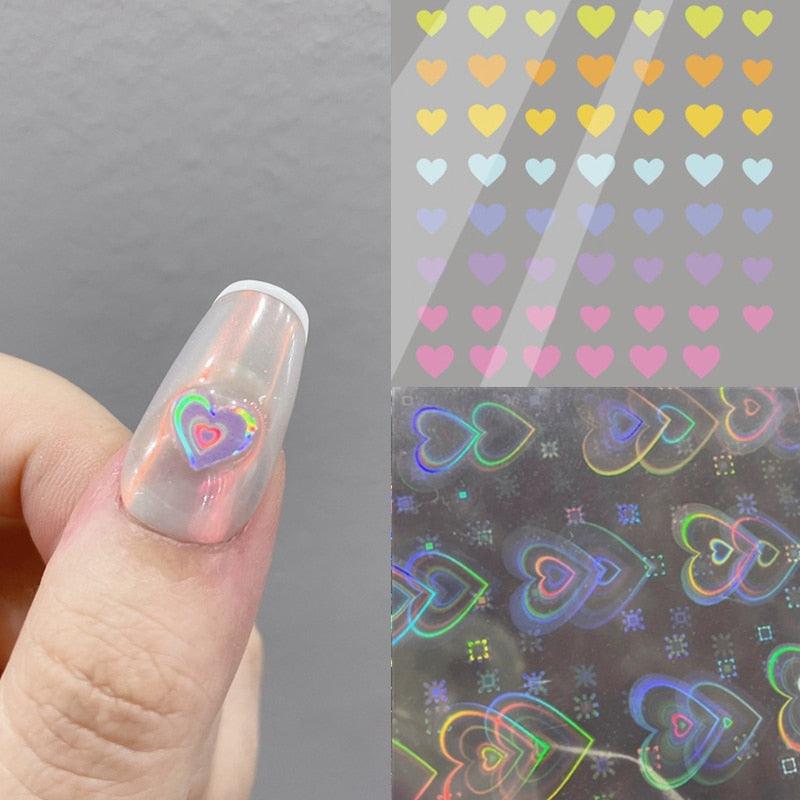 Dynamic Heart 3D Nail Stickers Holographic Adhesive Sliders Gradient Nail Art Accessories Flashing Heart Decals Tattoos Kids Nails Art Decoration Nail Strips Shiny French Tip Guides Stickers French Nail Stickers Form Fringe Guides Stevvex