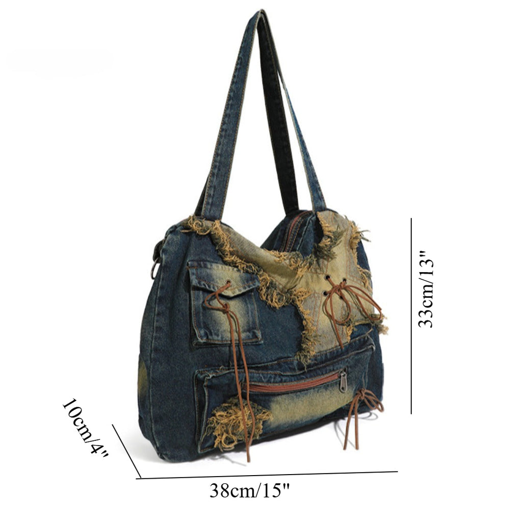 Large capacity hobo shoulder tote bag, Spice Girl bag women's old retro shoulder bag, washed denim bag, casual women's bag - SJB-DIAMOND ELITES