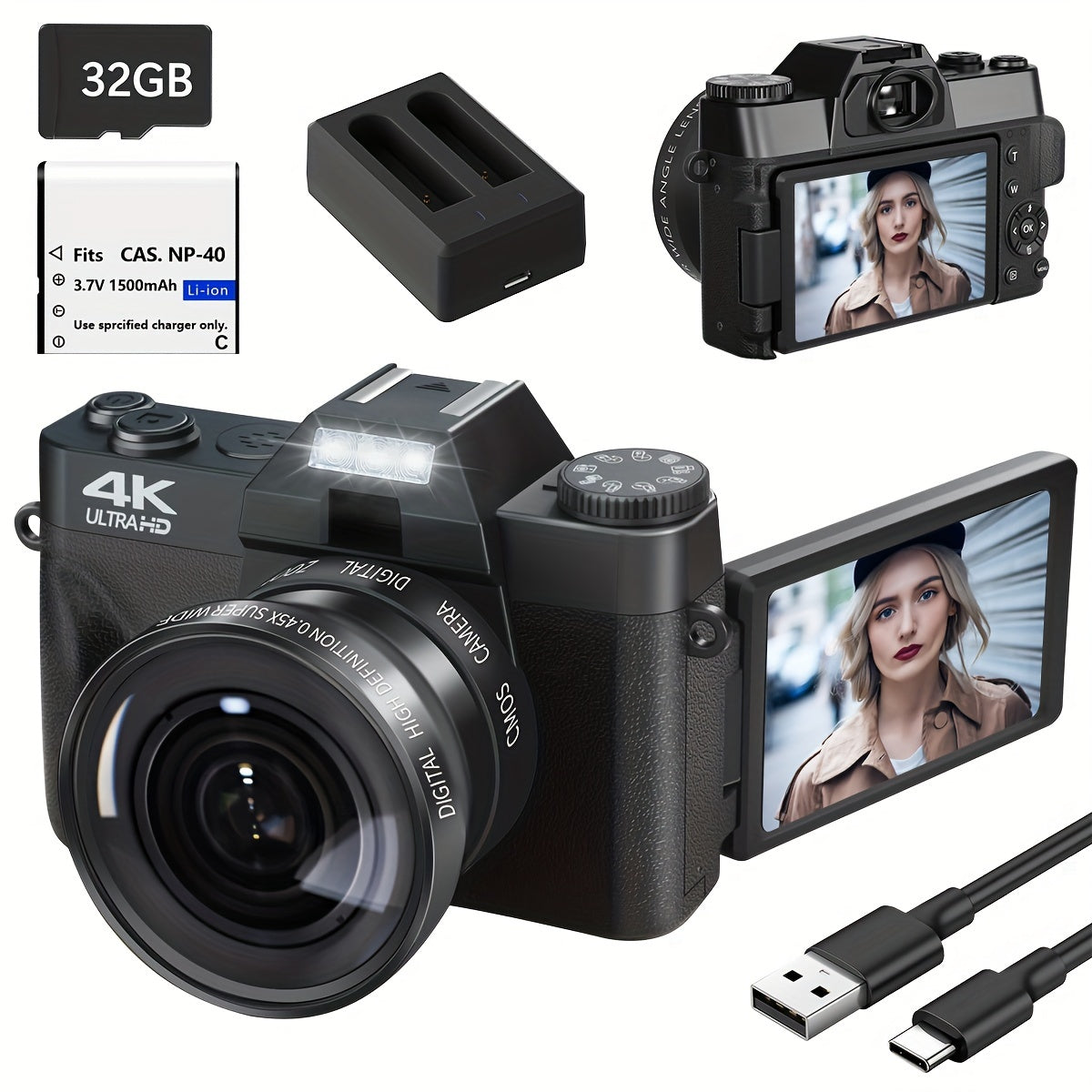 4K Digital Camera for Photography Auto-Focus 56MP Vlogging Camera, Support 16X Digital Zoom 3 Inch 180° Flip Screen, Comes with 52mm Wide Angle & Macro Lens and 32G Memory Card a 1500mAH Battery Lootquake LLC