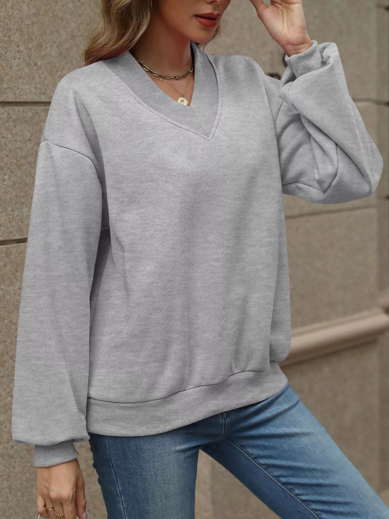 V-Neck Solid Color Casual Sweatshirt THRIXINE