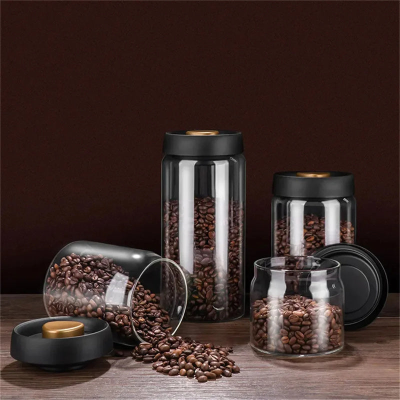 Vacuum Sealed Jug Set Black Coffee Beans Glass Airtight Canister Kitchen Food Grains Candy Keep Good Storage Jar Set Kitchen Gadgets Pi-Mart