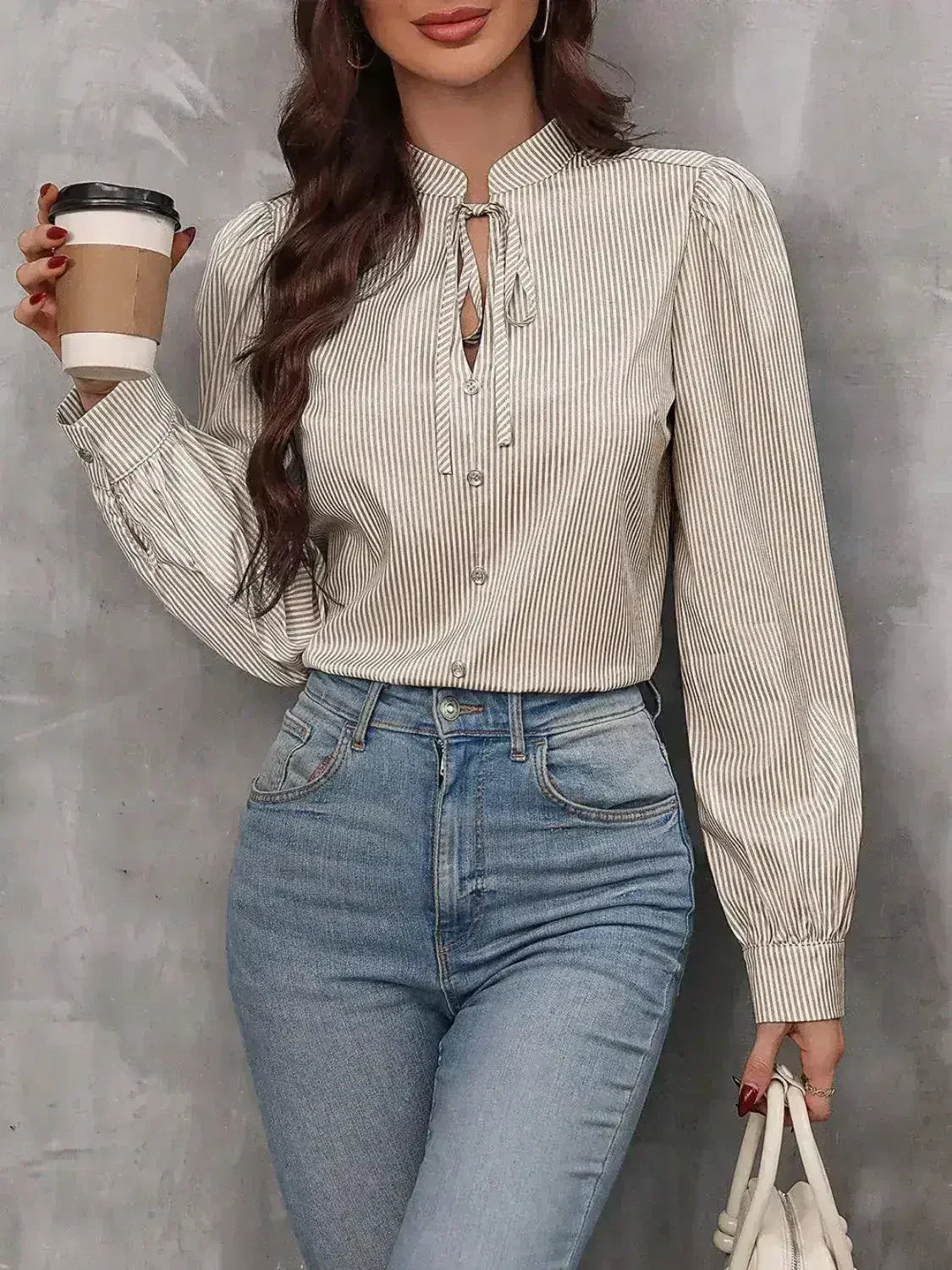 Striped Tie Neck Long Sleeve Blouse – Femstylo - SJB-DIAMOND ELITES