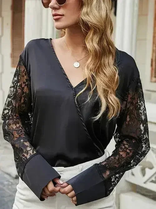 Black Surplice Lace Long Sleeve Blouse | Femstylo - SJB-DIAMOND ELITES