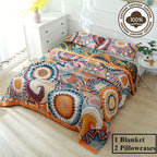 4 Layers Boho Style Gauze Blanket Set - Soft, Breathable, Lightweight, 100% Cotton, Colorful Muslin Throw Blanket for All Seasons with 1 Boho Gauze Blanket and 2 Pillow Covers without Pocket