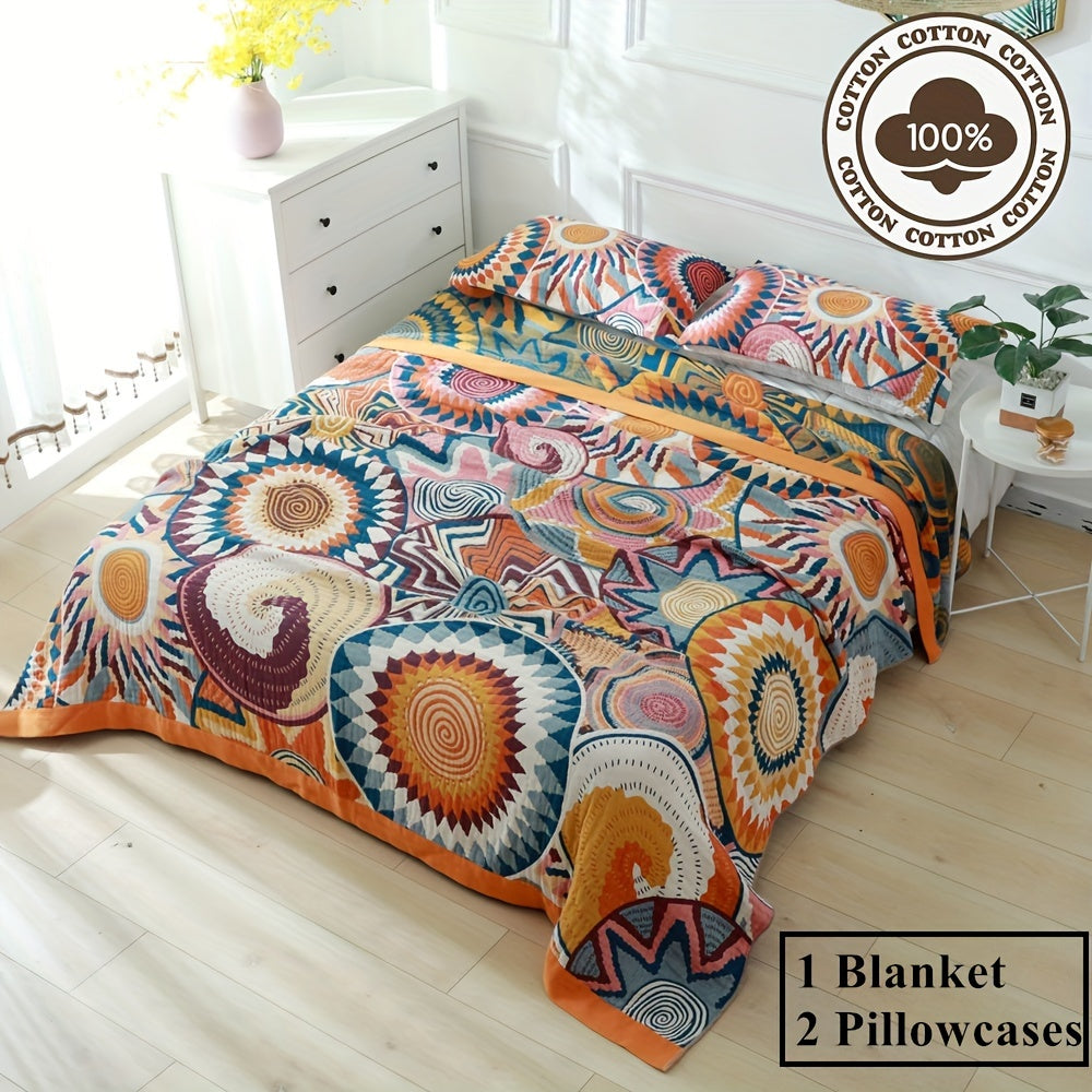 4 Layers Boho Style Gauze Blanket Set - Soft, Breathable, Lightweight, 100% Cotton, Colorful Muslin Throw Blanket for All Seasons with 1 Boho Gauze Blanket and 2 Pillow Covers without Pocket