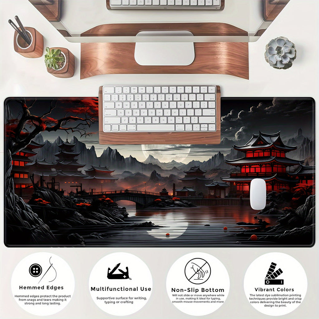 Japanese Style Full Moon River Landscape Desk Mat, Non-Slip Rubber Gaming Mouse Pad, Extended Keyboard Mat for Office and Home Decor, 35.4 x 15.7 Inches Lootquake LLC
