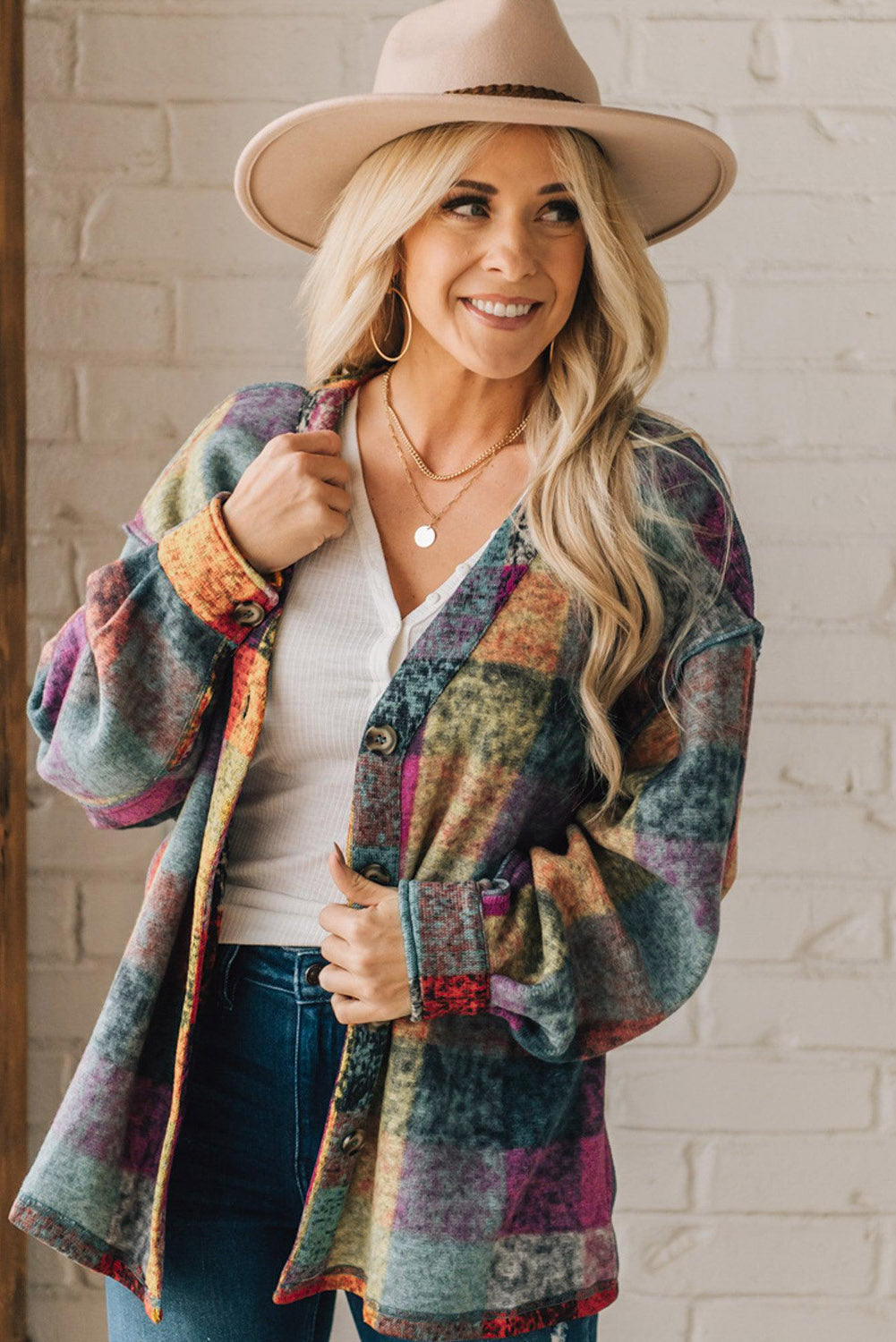 Multicolor Brushed Checked Western Buttoned Jacket Lootquake LLC